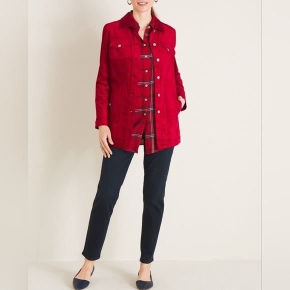 Chico’s Red Velveteen Jacket 2P Elongated Stretch Blazer - Picture 1 of 16